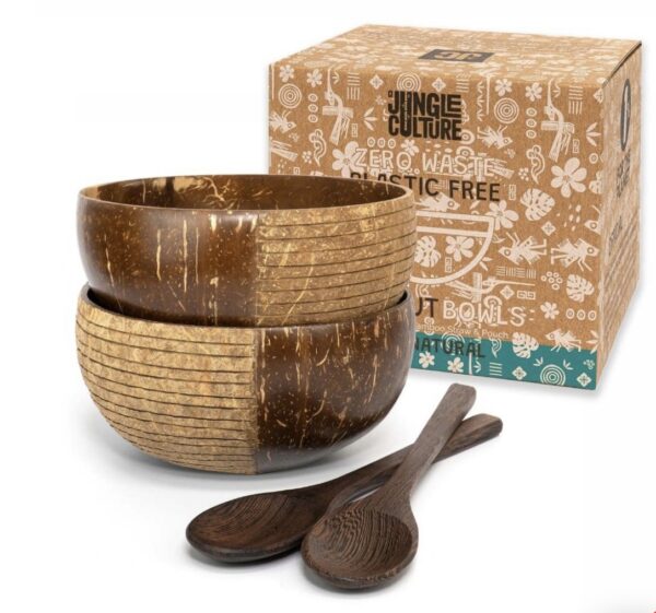 Eco-Friendly Coconut Bowls & Spoons Set of 2 Striped design